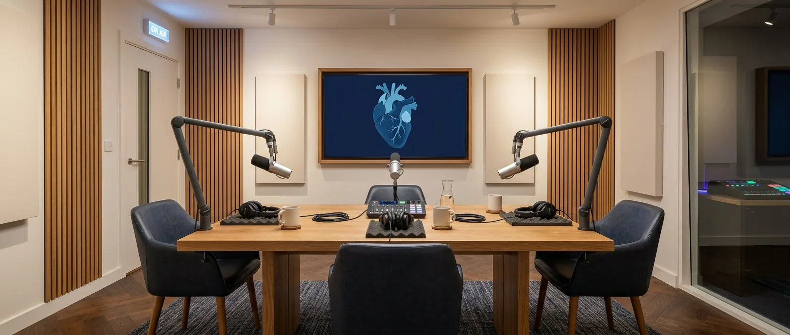Modern podcast studio interior with microphones and a cardiovascular wellness display screen
