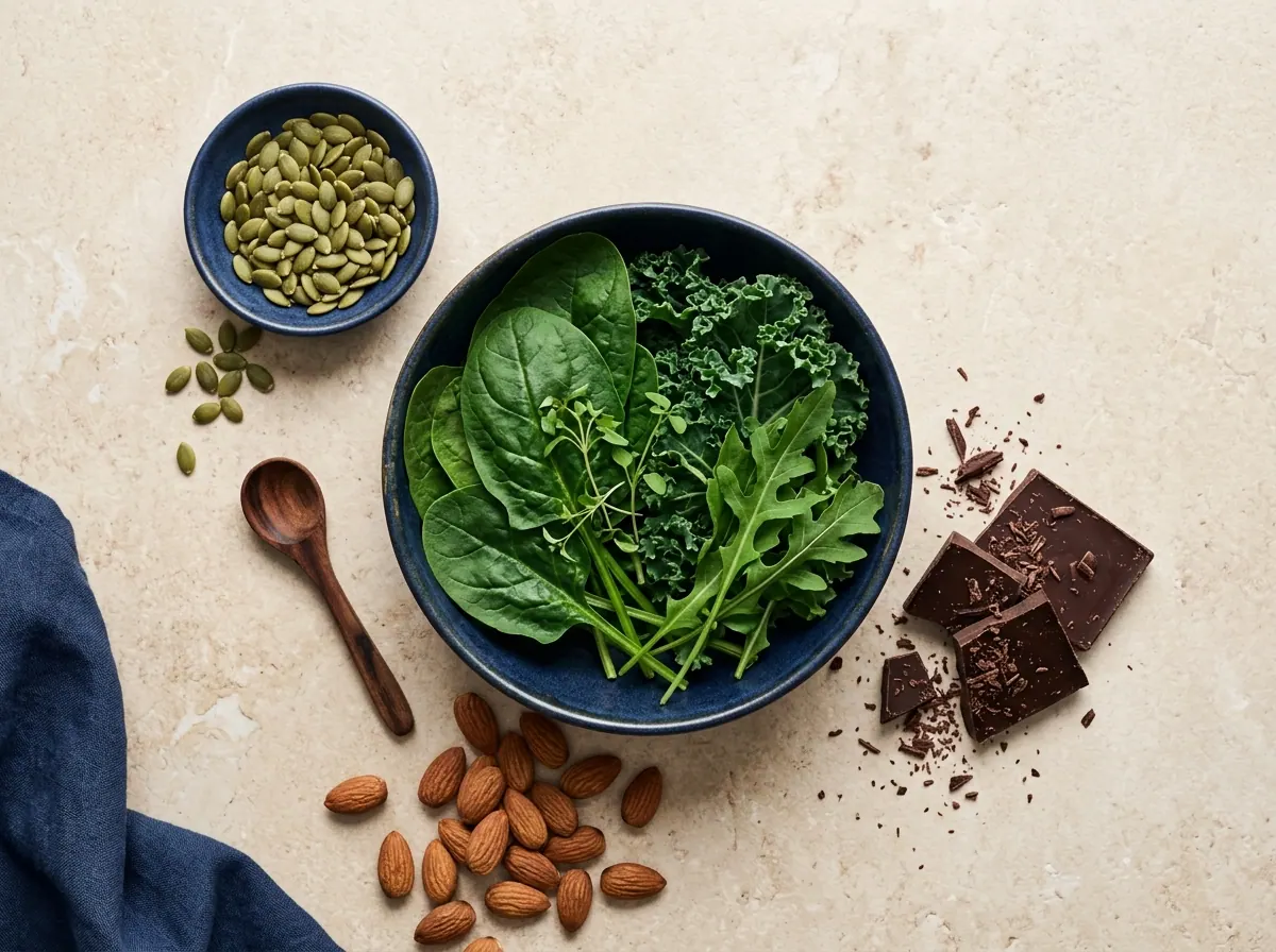 Magnesium-rich foods including leafy greens and pumpkin seeds - magnesium supplement for circulation support